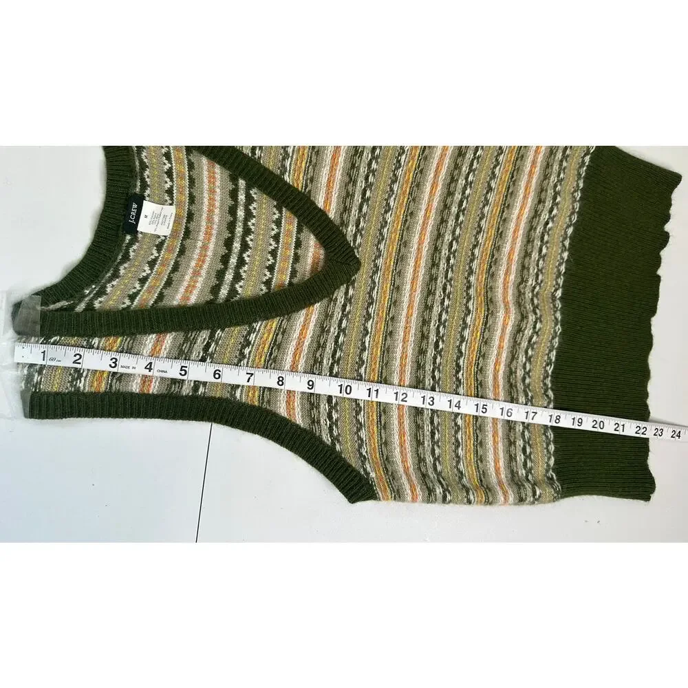 J. Crew Womens M Green Fair Isle V-Neck Knit Vest Wool Angora Blend Sweater